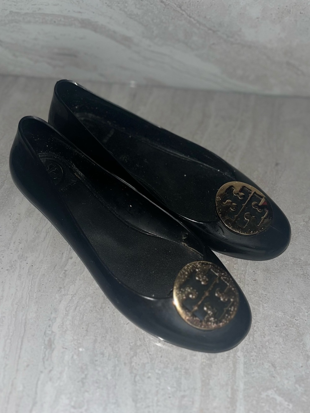 Tory Burch Black Ballet Flats with Gold Logo Medallion